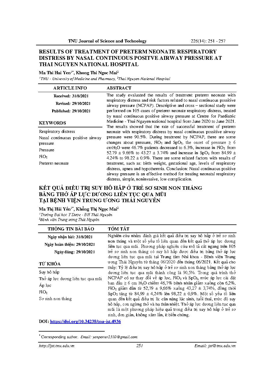 Kết quả điều trị suy hô hấp ở trẻ sơ sinh non tháng bằng thở áp lực dương liên tục qua mũi tại Bệnh viện Trung ương Thái Nguyên = Results of treatment of preterm neonate respiratory distress by nasal continuous positve airway pressure at thai nguyen national hospital