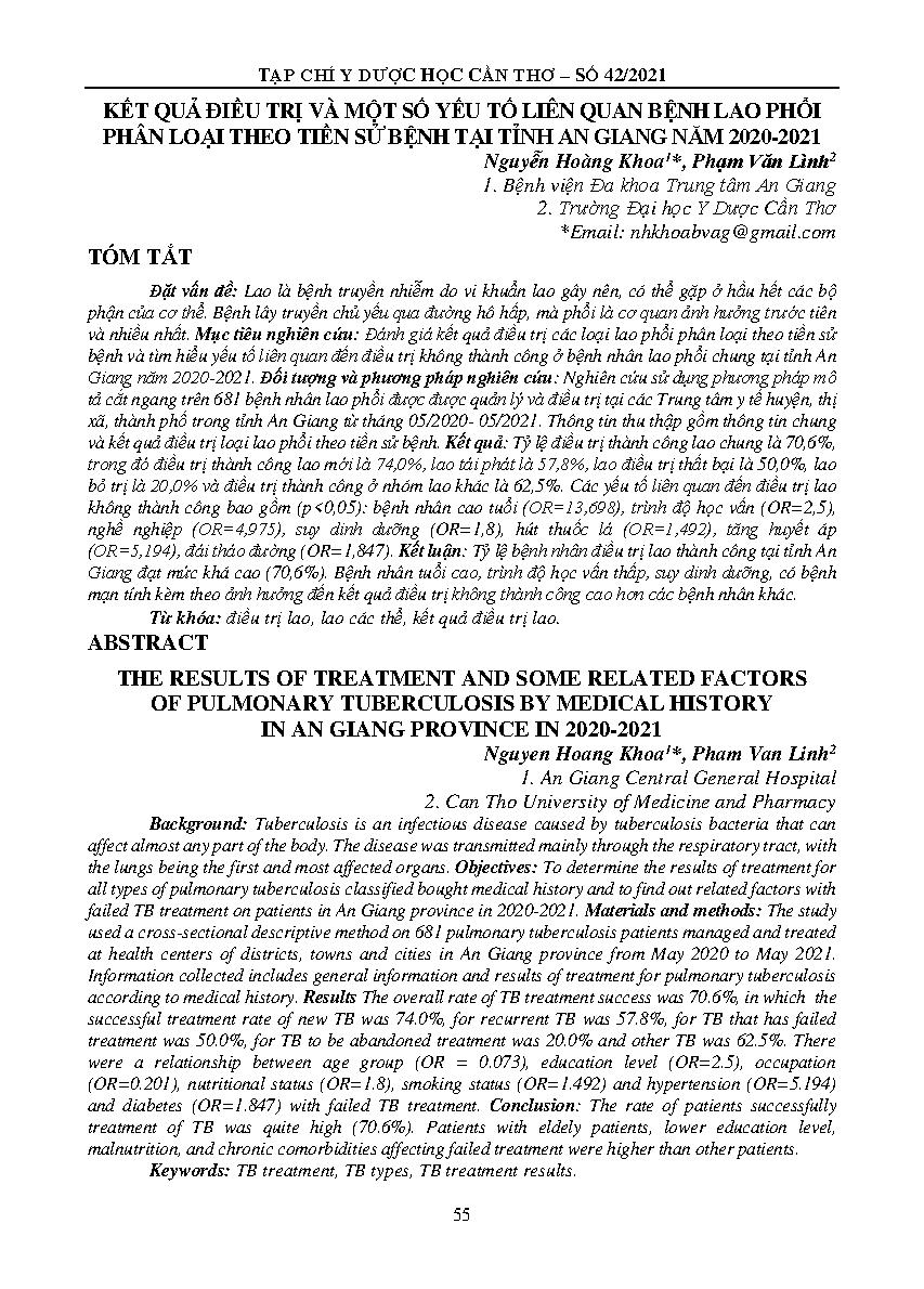 KẾT QUẢ ĐIỀU TRỊ VÀ MỘT SỐ YẾU TỐ LIÊN QUAN BỆNH LAO PHỔI PHÂN LOẠI THEO TIỀN SỬ BỆNH TẠI TỈNH AN GIANG NĂM 2020-2021 = THE RESULTS OF TREATMENT AND SOME RELATED FACTORS OF PULMONARY TUBERCULOSIS BY MEDICAL HISTORY IN AN GIANG PROVINCE IN 2020-2021