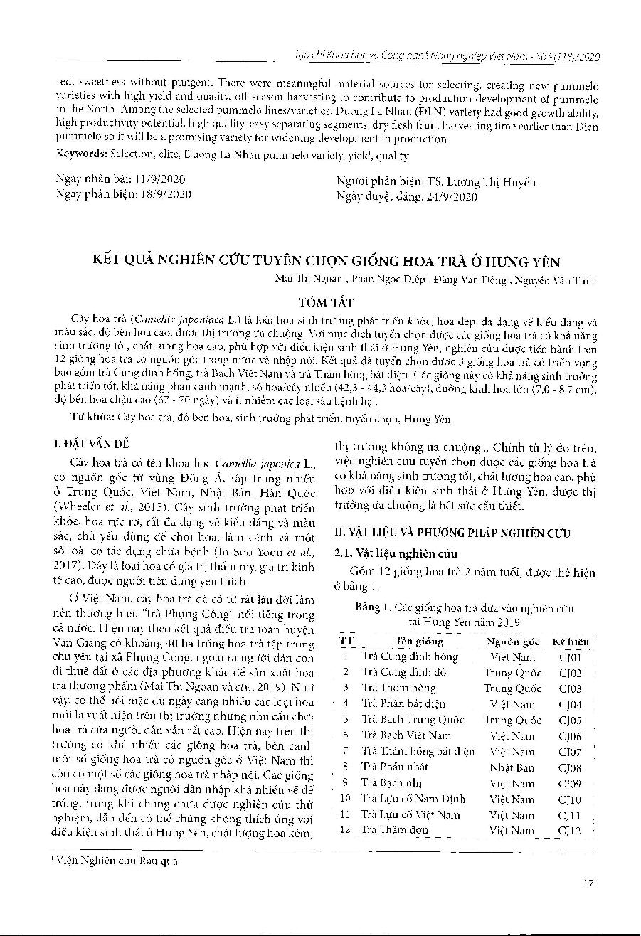 Kết quả nghiên cứu tuyển chọn giống hoa trà ở Hưng Yên = Study on selection of Camellia japonica in Hung Yen province