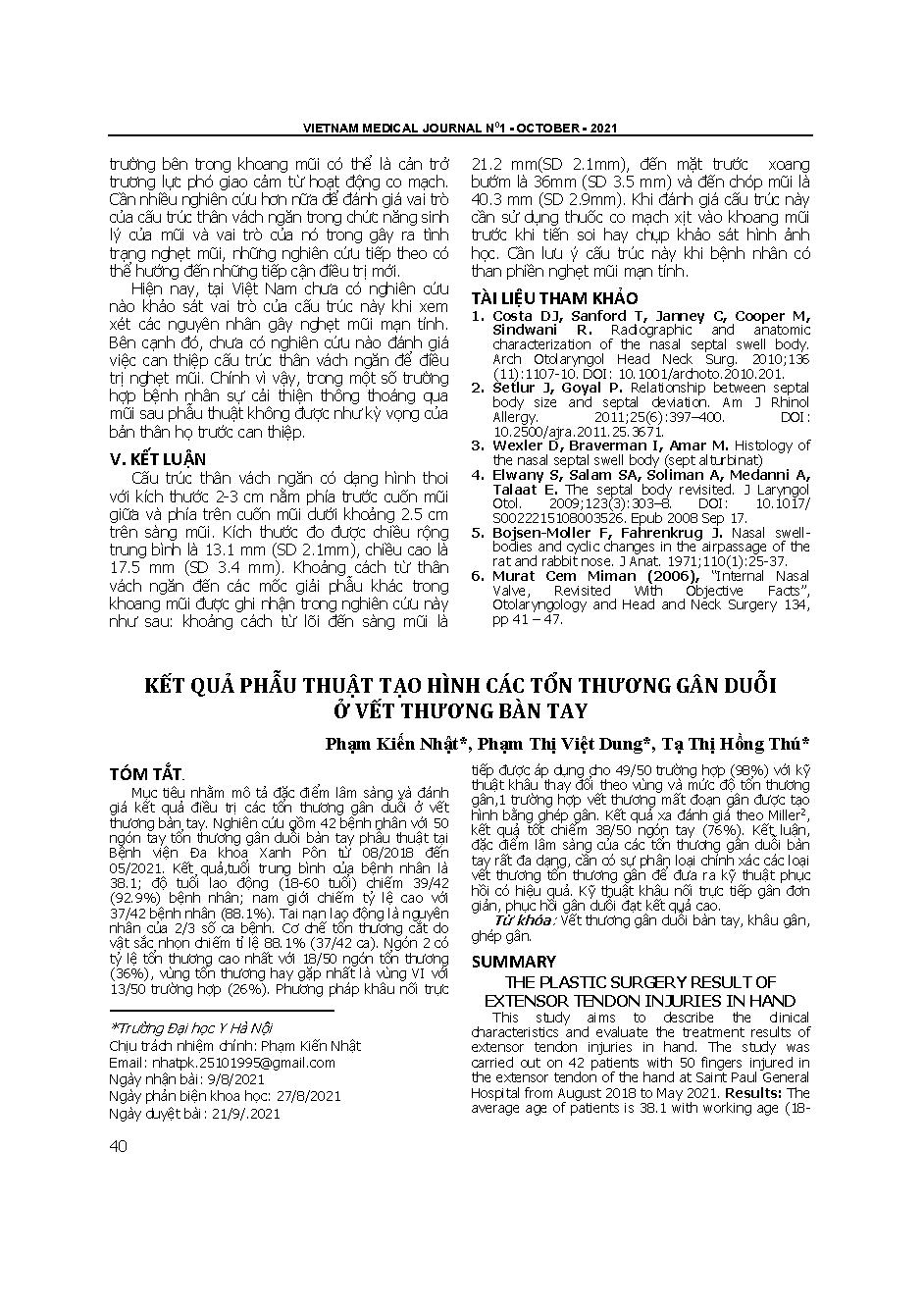 Kết quả phẫu thuật tạo hình các tổn thương gân duỗi ở vết thương bàn tay = The plastic surgery result of extensor tendon injuries in hand