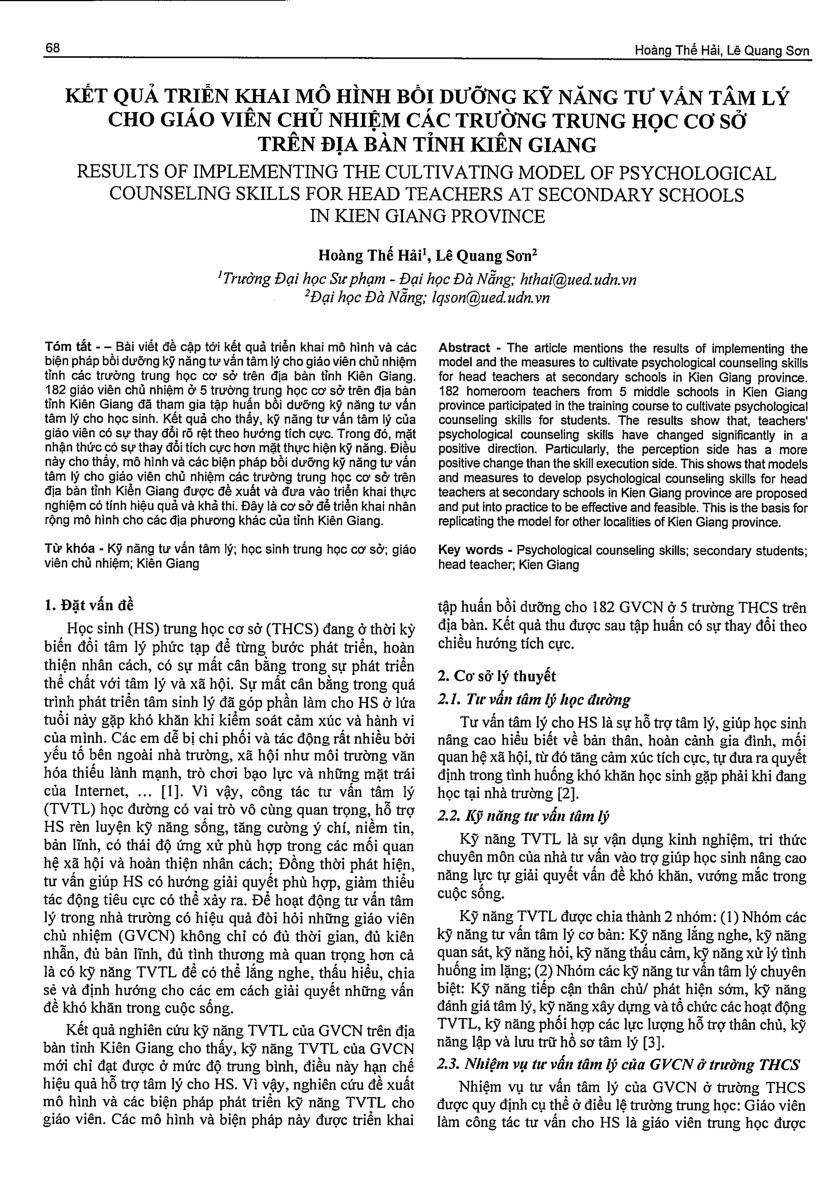 Kết quả triển khai mô hình bồi dưỡng kỹ năng tư vấn tâm lý cho giáo viên chủ nhiệm các trường trung học cơ sở trên địa bàn tỉnh Kiên Giang = Results of implementing the cultivating model of psychological counseling skills for head teachers at secondary schools in kien giang province