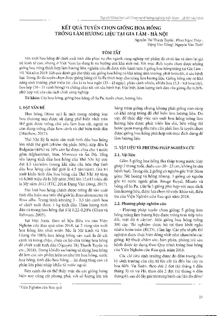 Kết quả tuyển chọn giống hoa hồng trồng làm hương liệu tại Gia Lâm - Hà Nội = Selection of rose varieties for flavor in Gialam - Hanoi