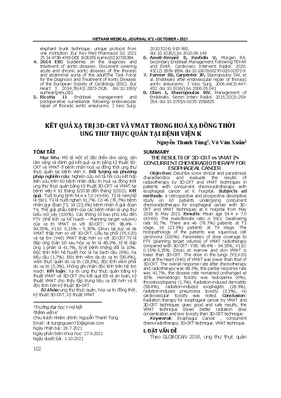 Kết quả xạ trị 3D-CRT và VMAT trong hoá xạ đồng thời ung thư thực quản tại bệnh viện K = The results of 3D-CRT and VMAT in concurrent chemoradiotherapy for esophageal cancer