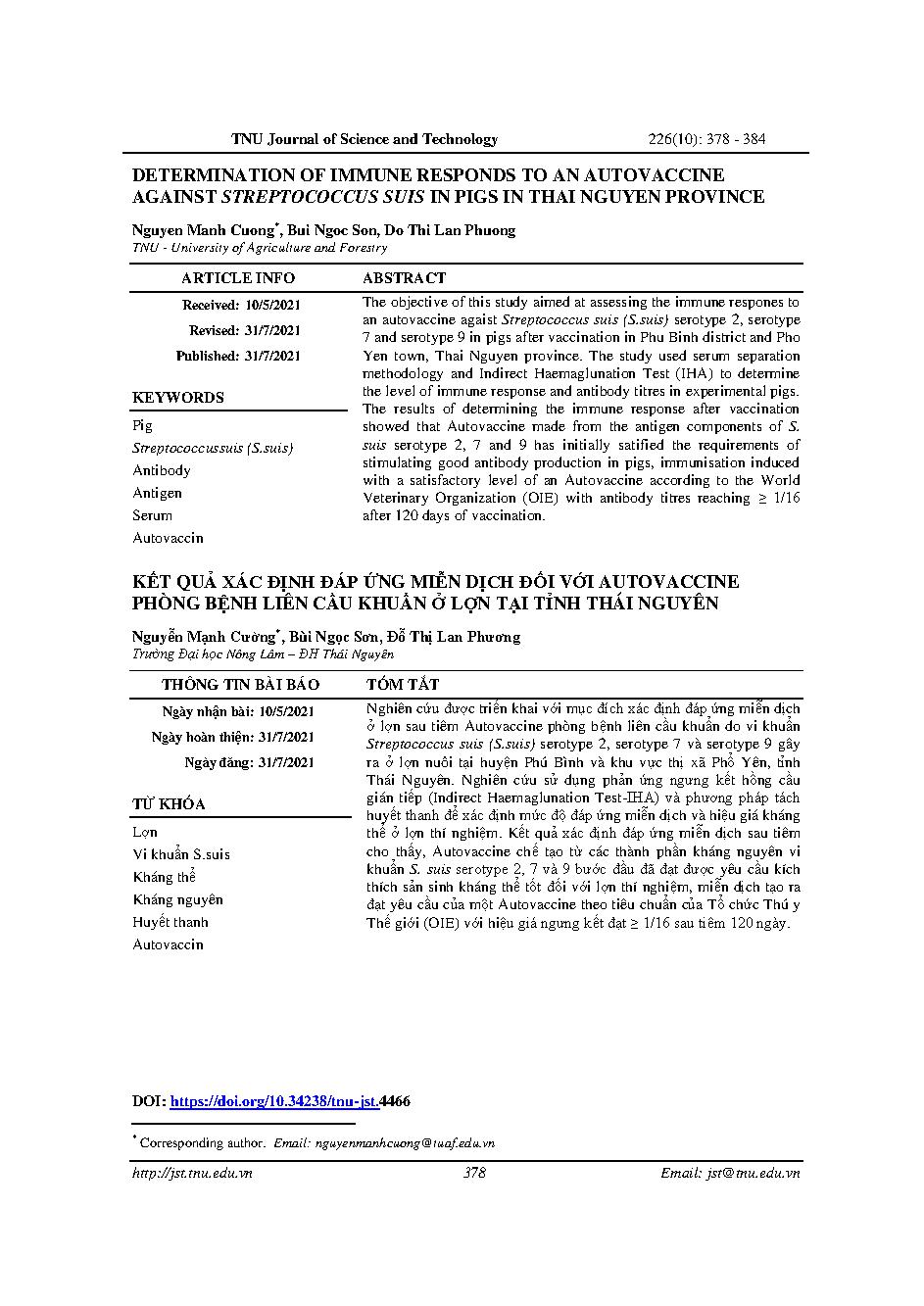Kết quả xác định đáp ứng miễn dịch đối với autovaccine phòng bệnh liên cầu khuẩn ở lợn tại tỉnh Thái Nguyên = Determination of immune responds to an autovaccine against streptococcus suis in pigs in thai nguyen province