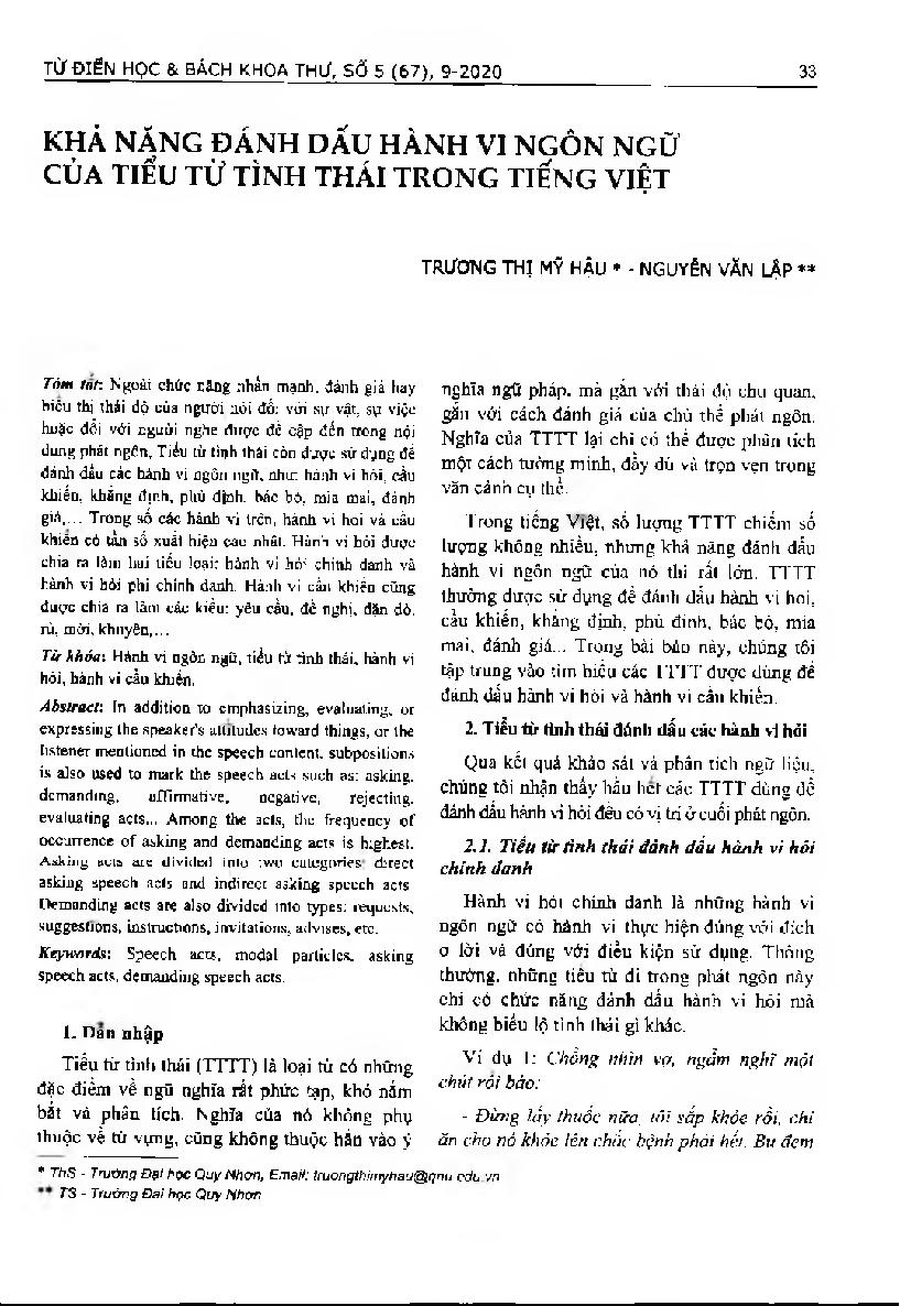 Khả năng đánh dấu hành vi ngôn ngữ của tiểu từ tình thái trong tiếng Việt = The way of forming legal terms of human rights in Vietnamese