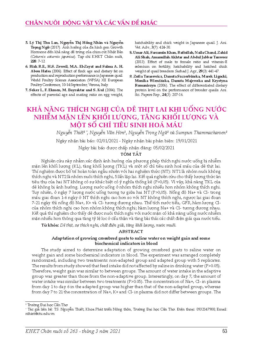 Khả năng thích nghi của dê thịt lai khi uống nước nhiễm mặn lên khối lượng, tăng khối lượng và một số chỉ tiêu sinh hoá máu = Adaptation of growing crossbred goats to saline water on weight gain and some biochemical indicators in blood