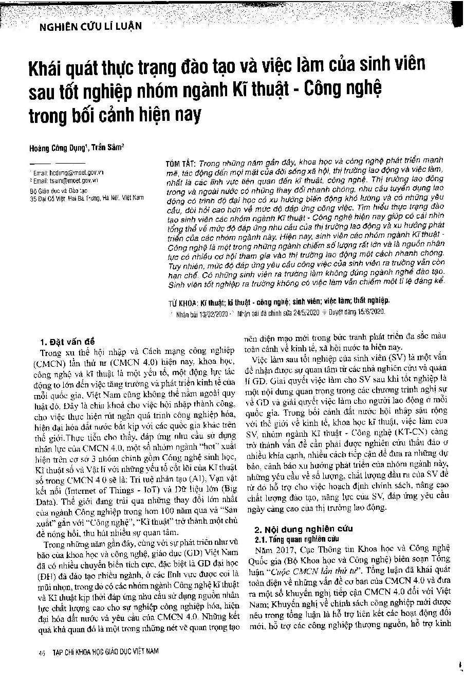 Khái quát thực trạng đào tạo và việc làm của sinh viên sau tốt nghiệp nhóm ngành Kĩ thuật - Công nghệ trong bối cảnh hiện nay = An overview of the training and employment situation of graduates of engineering and technology majors in recent years