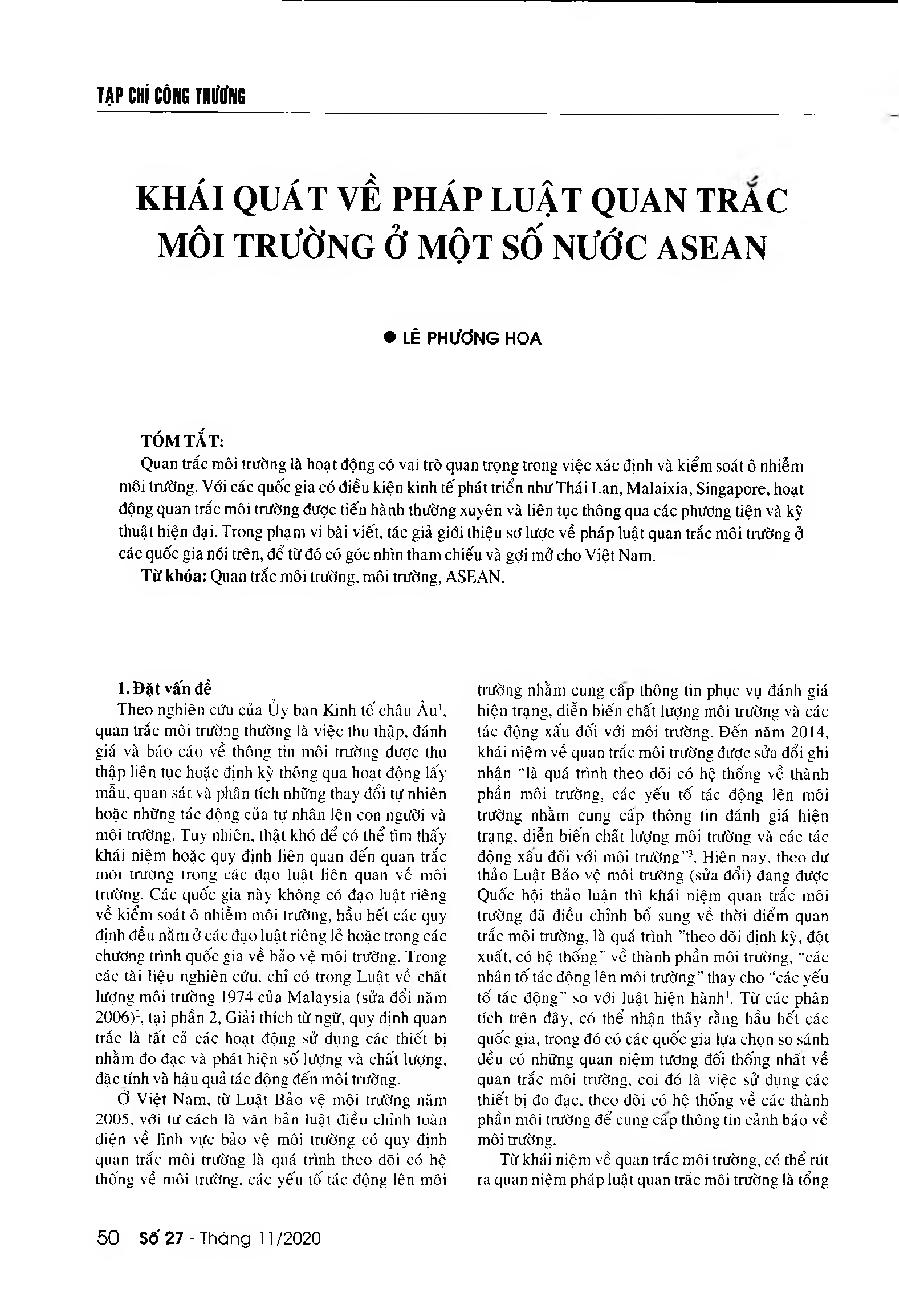 Khái quát về pháp luật quan trắc môi trường ở một số nước ASEAN = An overview on the law on environmental monitoring of some ASEAN countries