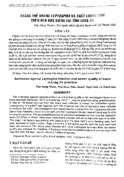 Kháng thể kháng Leptospira và chất lượng tinh trên heo đực giống tại tỉnh Long An = Antibodies against Leptospira infection and semen quality of boars in Long An province