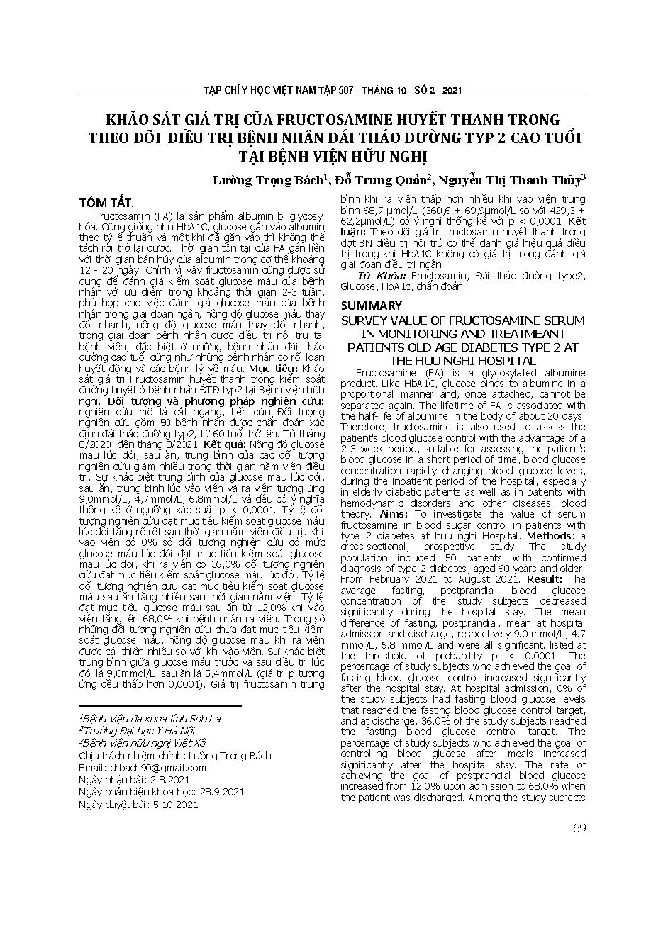 Khảo sát giá trị của fructosamine huyết thanh trong theo dõi điều trị bệnh nhân đái tháo đường typ 2 cao tuổi tại Bệnh viện Hữu nghị = Survey value of Fructosamine serum in monitoring and treatment patients old age diabetes type 2 at the Huu nghi hospital
