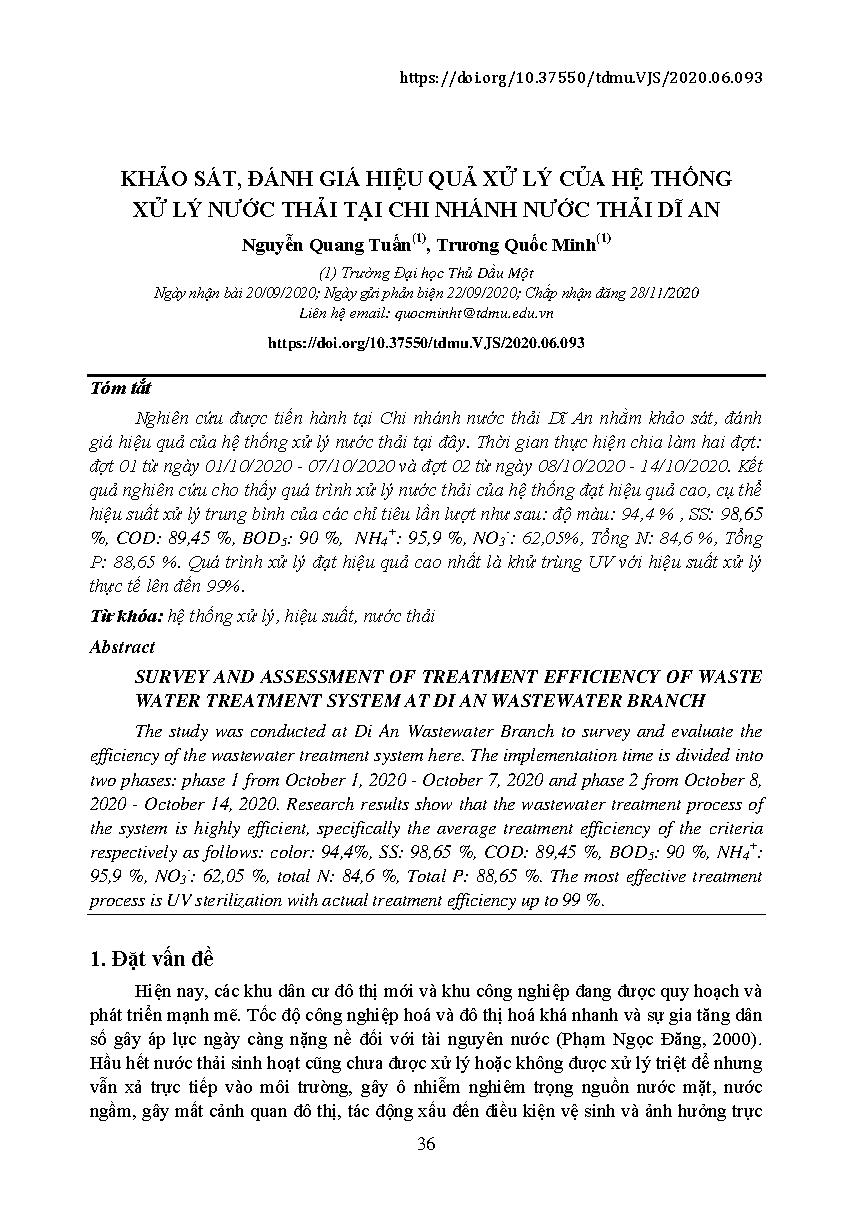 Khảo sát, đánh giá hiệu quả xử lý của hệ thống xử lý nước thải tại chi nhánh nước thải Dĩ An = Survey and assessment of treatment efficiency of waste water treatment system at Di An wastewater branch