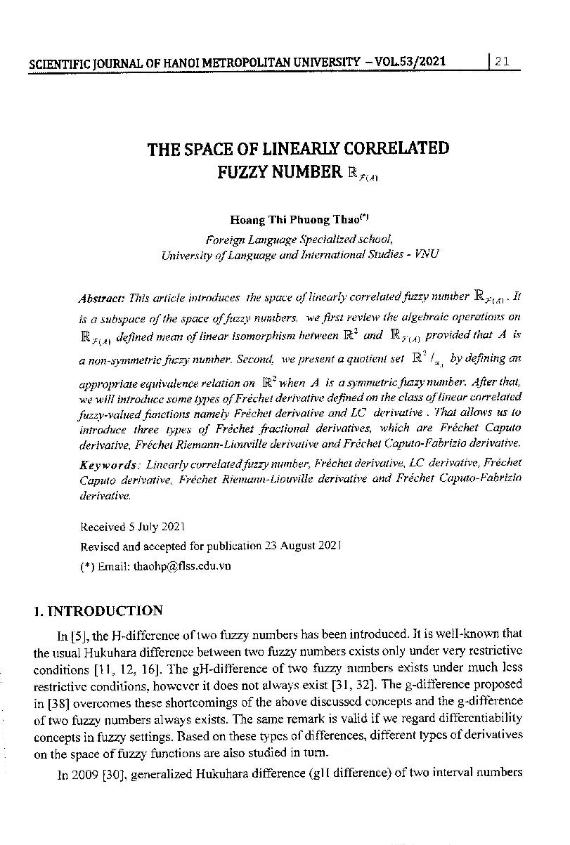 Không gian các hàm số mờ tương quan tuyến tính = The space of linearly correlated fuzzy number RF(A)