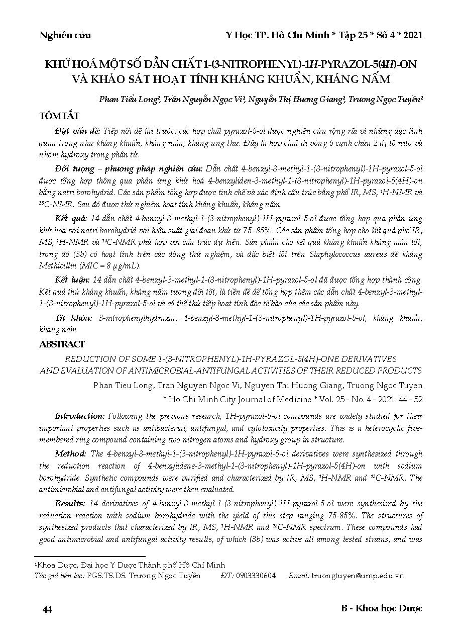 Khử hoá một số dẫn chất 1-(3-nitrophenyl)-1H-pyrazol-5(4H)-on và khảo sát hoạt tính kháng khuẩn, kháng nấm = Reduction of some 1-(3-nitrophenyl)-1H-pyrazol-5(4H)-one derivatives and evaluation of antimicrobial-antifungal activities of their reduced products