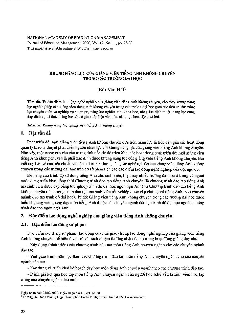 Khung năng lực của giảng viên tiếng Anh không chuyên trong các trường đại học = Competence framework of non-major English instructors at Universities