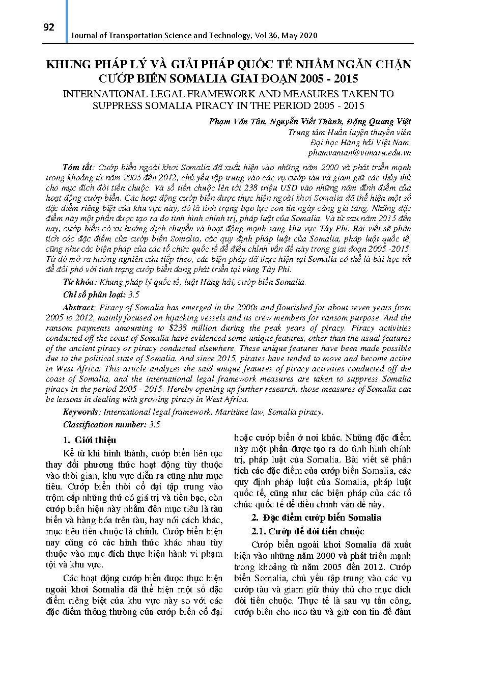 Khung pháp lý và giải pháp quốc tế nhằm ngăn chặn cướp biển Somalia giai đoạn 2005-2006 = International legal framework and measures taken to suppress Somalia piracy in the period 2005 - 2015