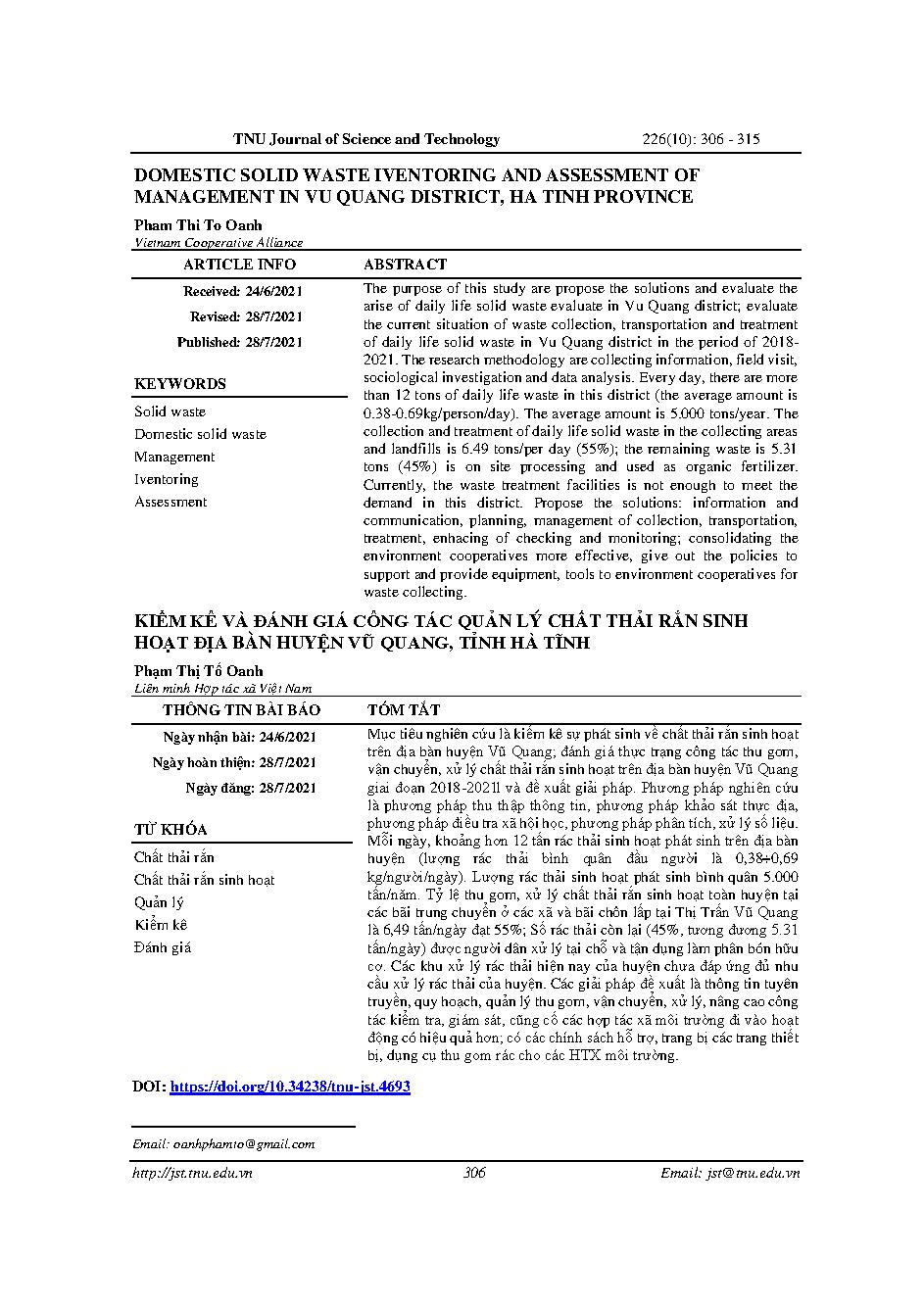 Kiểm kê và đánh giá công tác quản lý chất thải rắn sinh hoạt địa bàn huyện Vũ Quang, tỉnh Hà Tĩnh = Domestic solid waste iventoring and assessment of management in vu quang district, ha tinh province