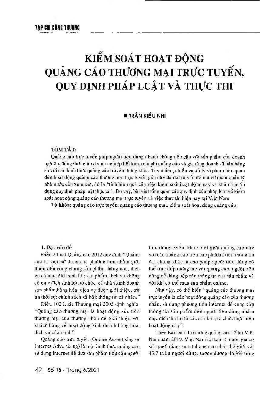 Kiểm soát hoạt động quảng cáo thương mại trực tuyến, quy định pháp luật và thực thi = Regulations on controlling online advertising and their enforcement in Vietnam