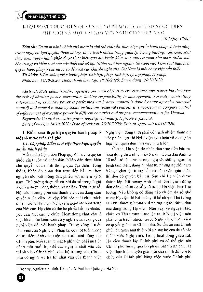Kiểm soát thực hiện quyền hành pháp của một số nước trên thế giới và một vài khuyến nghị cho Việt Nam = Controlling enforcement of executive right in some countries and some recommendations for Vietnam