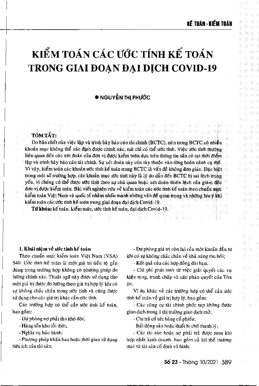 Kiểm toán các ước tính kế toán trong giai đoạn đại dịch Covid-19 = Auditing estimates in the context of the COVID-19 pandemic