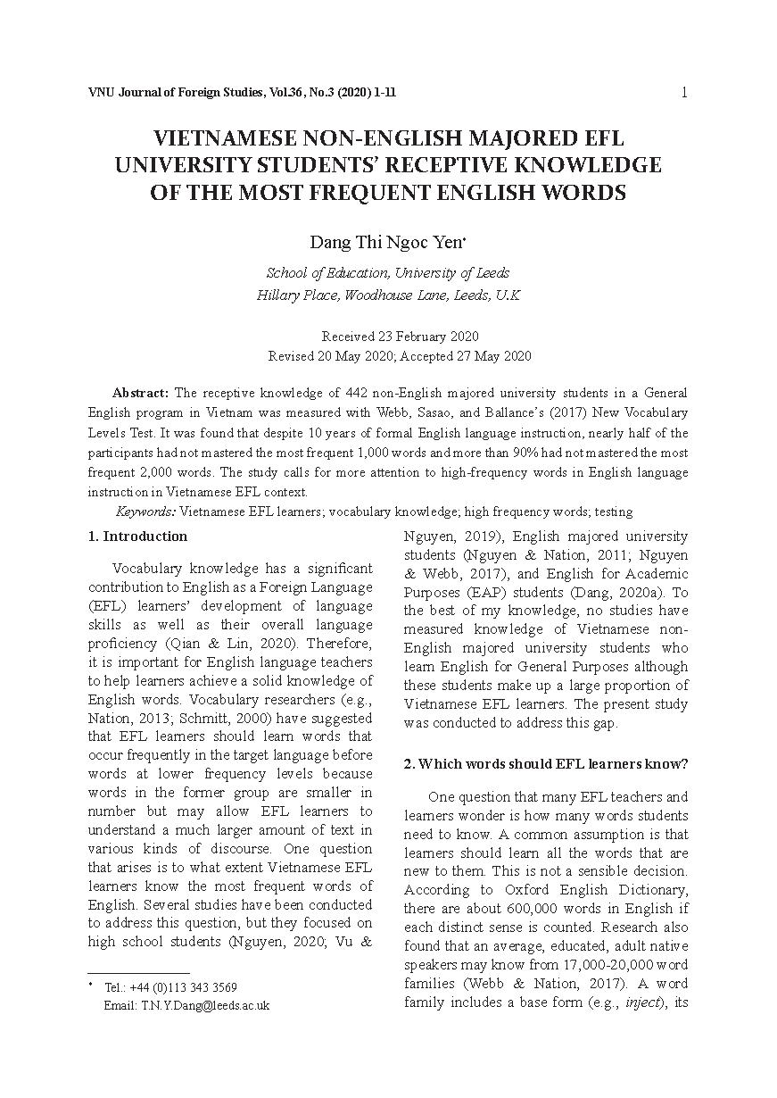 KIẾN THỨC TIẾP NHẬN TỪ VỰNG THÔNG DỤNG TRONG TIẾNG ANH CỦA SINH VIÊN VIỆT NAM HỆ TIẾNG ANH KHÔNG CHUYÊN = VIETNAMESE NON-ENGLISH MAJOR EFL UNIVERSITY STUDENTS’ RECEPTIVE KNOWLEDGE OF THE MOST FREQUENT ENGLISH WORDS