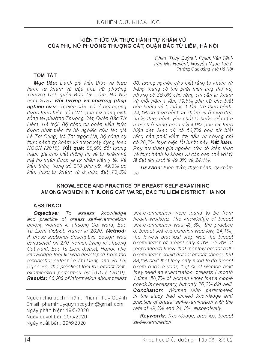 Kiến thức và thực hành tự khám vú của phụ nữ phường Thượng Cát, quận Bắc Từ Liêm, Hà Nội = Knowledge and practice of breast self-examining among women in Thuong Cat ward, Bac Tu Liem district, Ha Noi