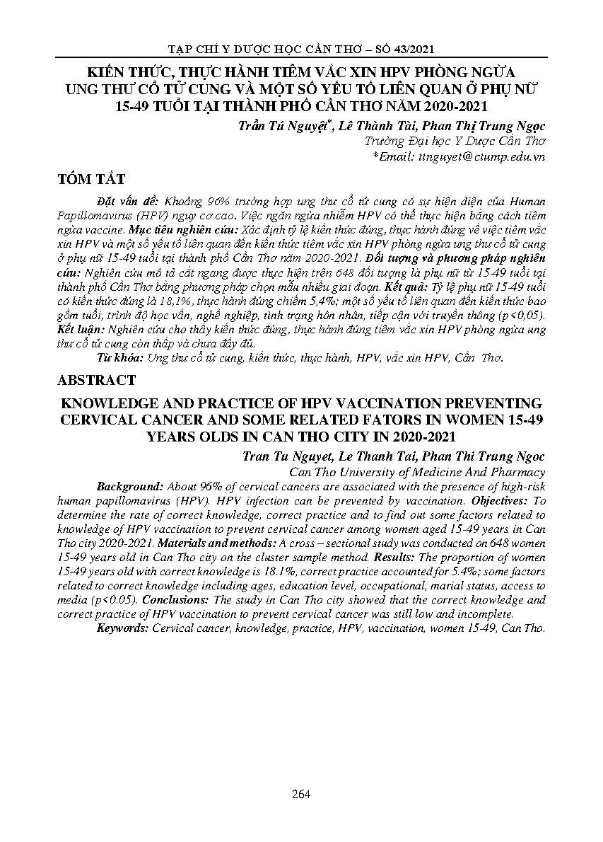 Kiến thức, thực hành tiêm vắc xin hpv phòng ngừa ung thư cổ tử cung và một số yếu tố liên quan ở phụ nữ 15-49 tuổi tại thành phố cần thơ năm 2020-2021 = Knowledge and practice of hpv vaccination preventing cervical cancer and some related fators in women 15-49 years olds in can tho city in 2020-2021