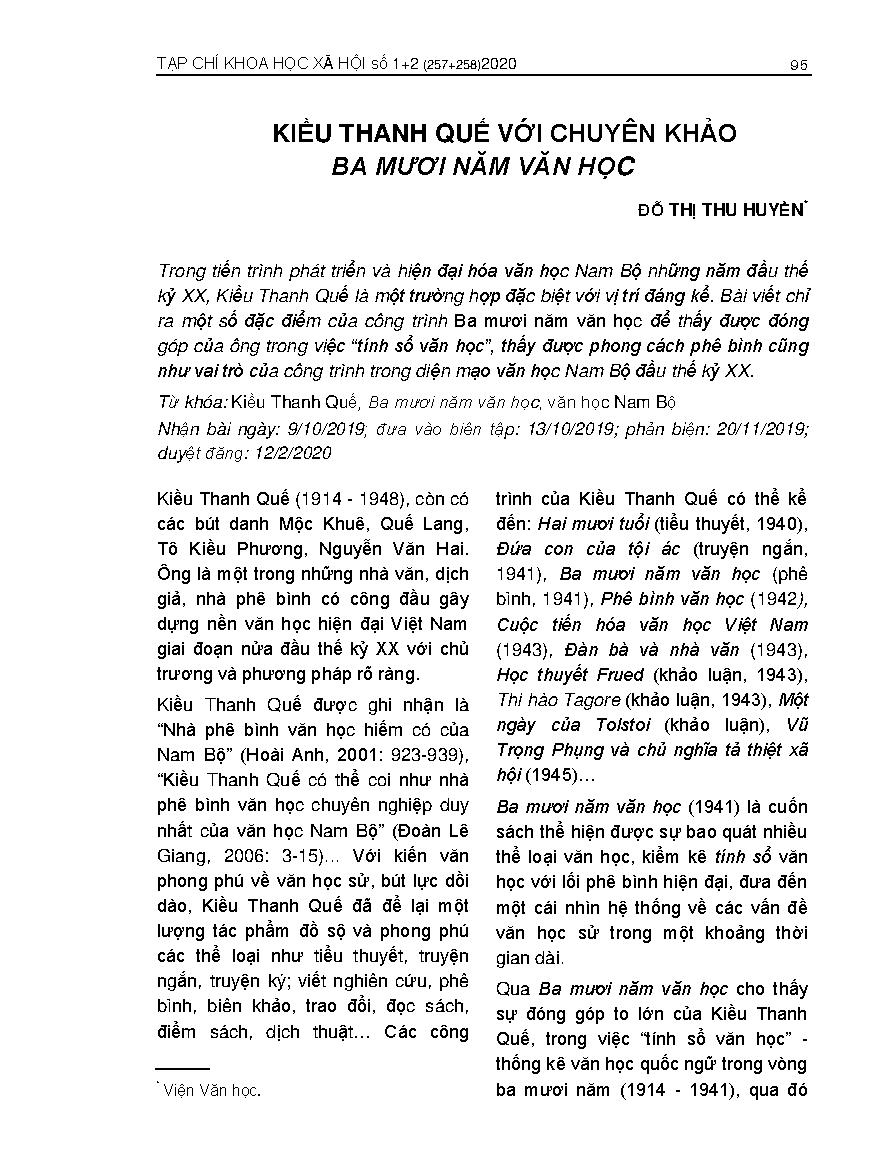 KIỀU THANH QUẾ VỚI CHUYÊN KHẢO BA MƯƠI NĂM VĂN HỌC = KIEU THANH QUE AND THE BOOK THIRTY YEARS OF LITERATURE