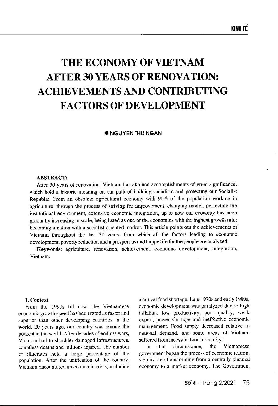 Kinh tế Việt Nam sau 30 năm đổi mới: Thành tựu và các nhân tố tạo nên sự phát triển = The economy of Vietnam after 30 years of renovation: Achievements and contributing factors of development