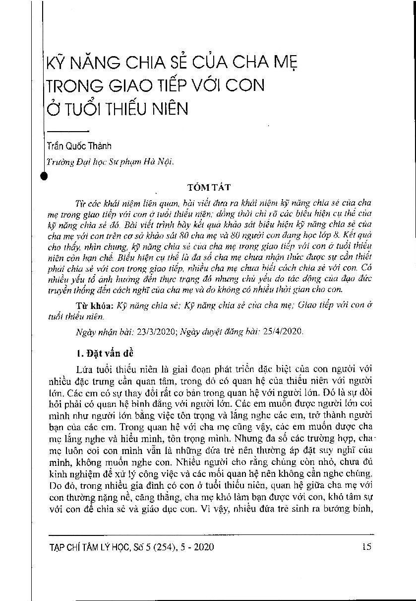 Kỹ năng chia sẻ của cha mẹ trong giao tiếp với con ở tuổi thiếu niên = Sharing in parental communication skills with their teen children