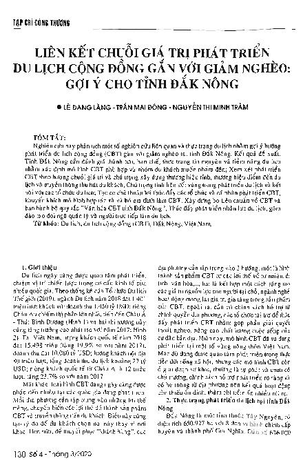 Liên kết chuỗi giá trị phát triển du lịch cộng đồng gắn với giảm nghèo: Gợi ý cho tỉnh Đắk Nông = The value chain linkage in developing community-based tourism to reduce poverty: Recommendations for Dak Nong province