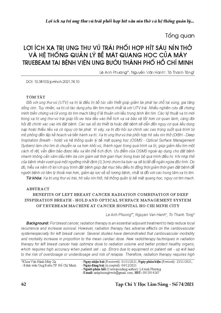Lợi ích xạ trị ung thư vú trái phối hợp hít sâu nín thở và hệ thống quản lý bề mặt quang học của máy truebeam tại bệnh viện ung bướu thành phố Hồ Chí Minh = Benefits of left breast cancer radiation combination of deep inspiration breath - hold and optical surface management system of truebeam machine at cancer hospital Ho Chi Minh city