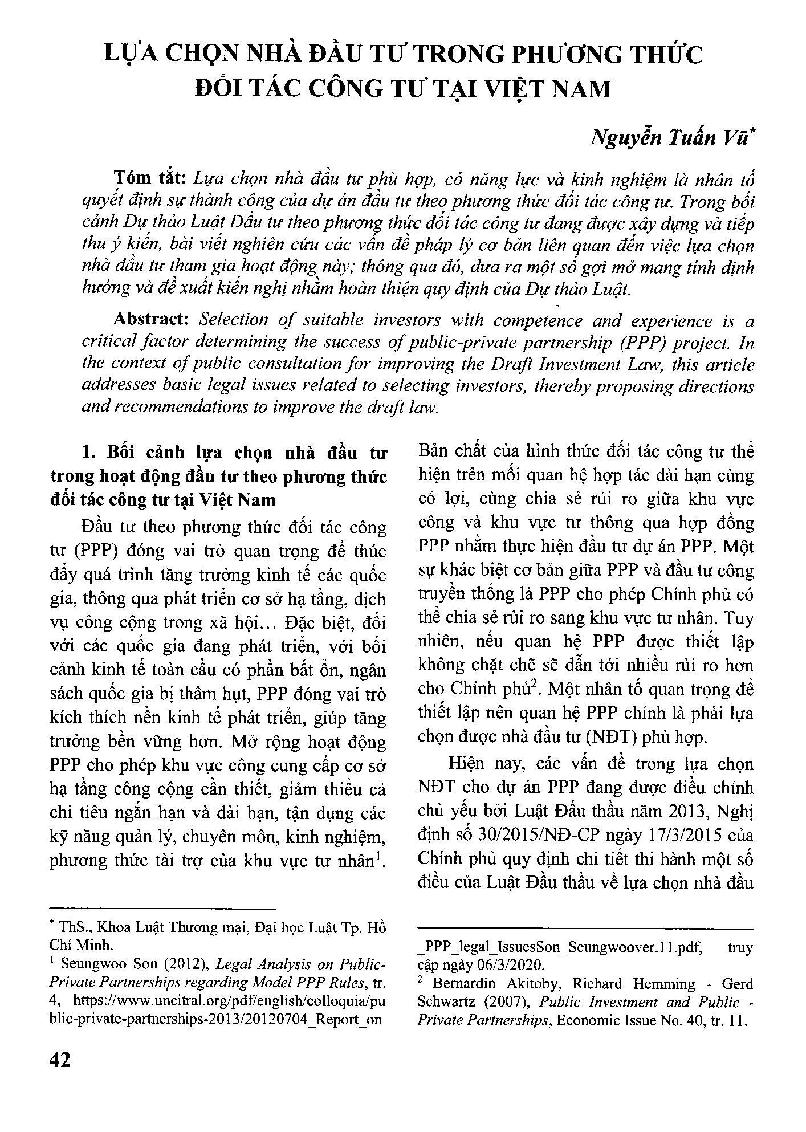 Lựa chọn nhà đầu tư trong phương thức đối tác công tư tại Việt Nam = Selection of investors in the public private partnership model in Vietnam