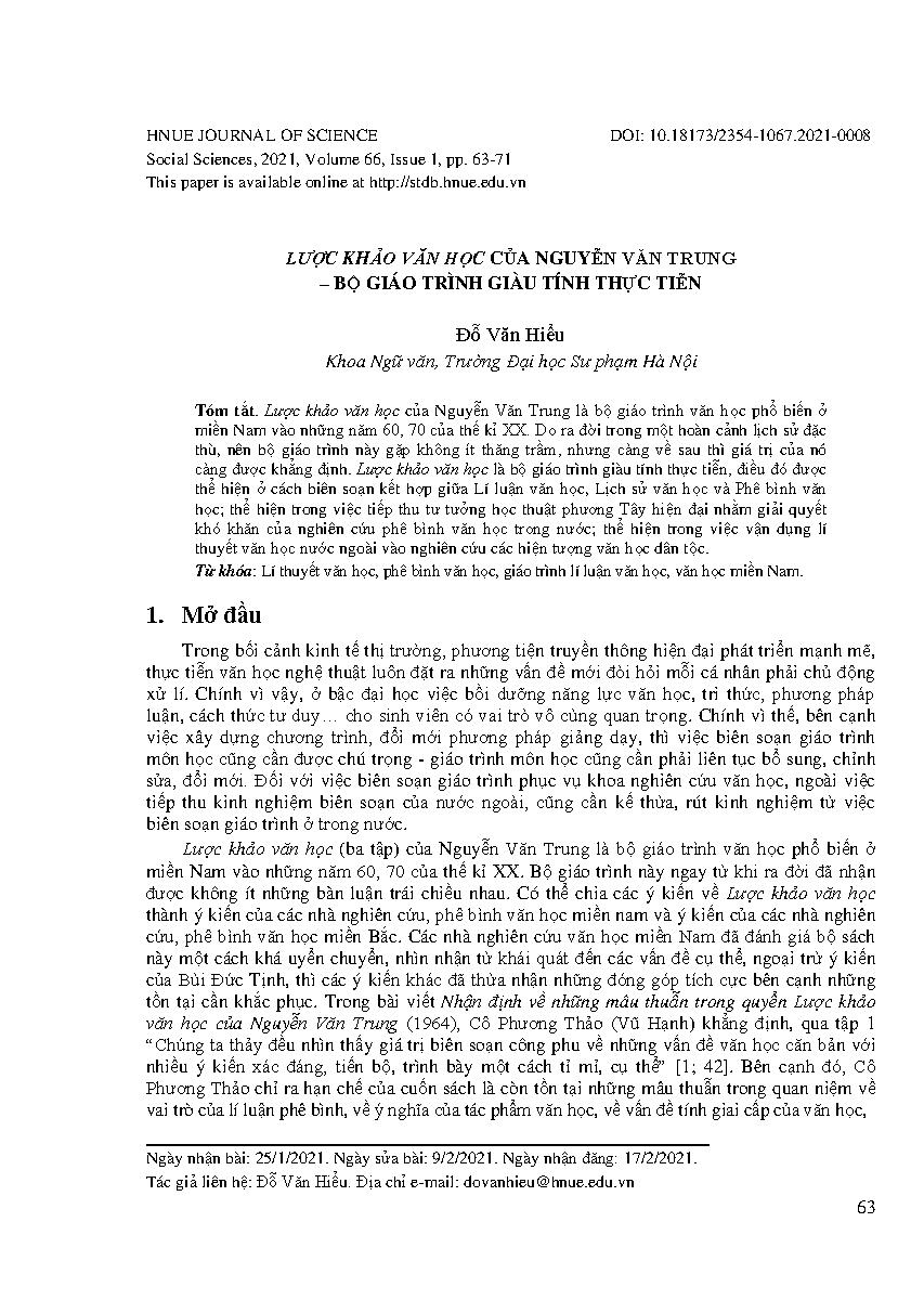 Lược khảo văn học của Nguyễn Văn Trung – bộ giáo trình giàu tính thực tiễn = Literature review by Nguyen Van Trung – a course rich in praticality