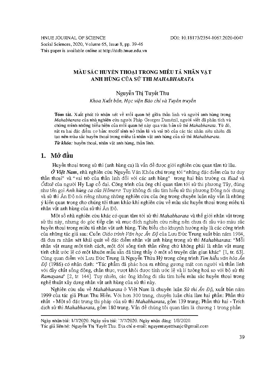 Màu sắc huyền thoại trong miêu tả nhân vật anh hùng của sử thi Mahabharata = Mythological elements in the portrayal of the epic Mahabharata’s hero