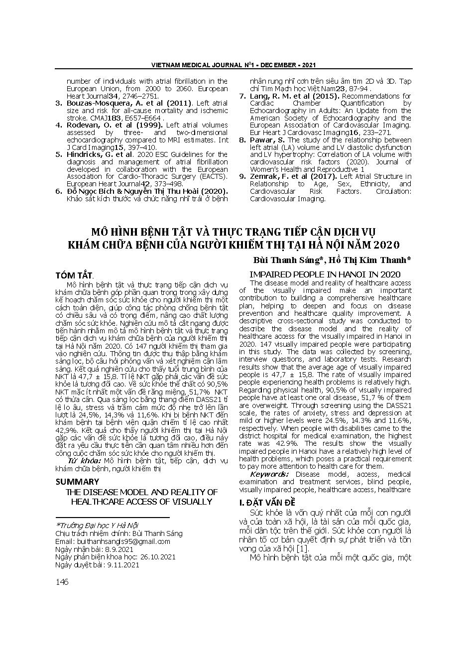 Mô hình bệnh tật và thực trạng tiếp cận dịch vụ khám chữa bệnh của người khiếm thị tại Hà Nội năm 2020 = The disease model and reality of healthcare access of visually impaired people in Hanoi in 2020