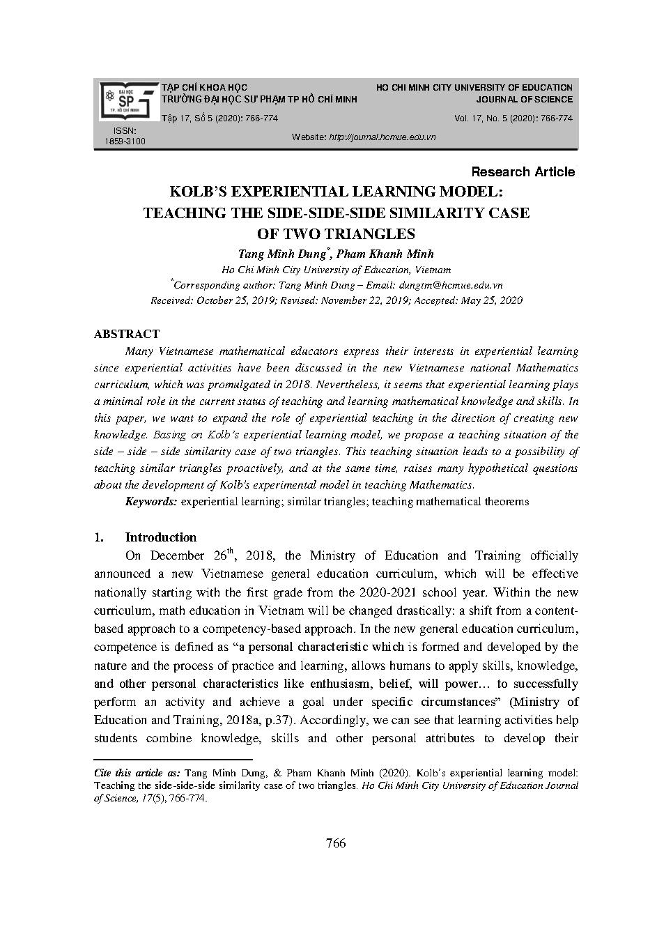 Mô hình học tập trải nghiệm KOLB: Dạy học trường hợp đồng dạng cạnh - cạnh của hai tam giác. = Kolb’s experiential learning model: Teaching the side-side-side similarity case of two triangles