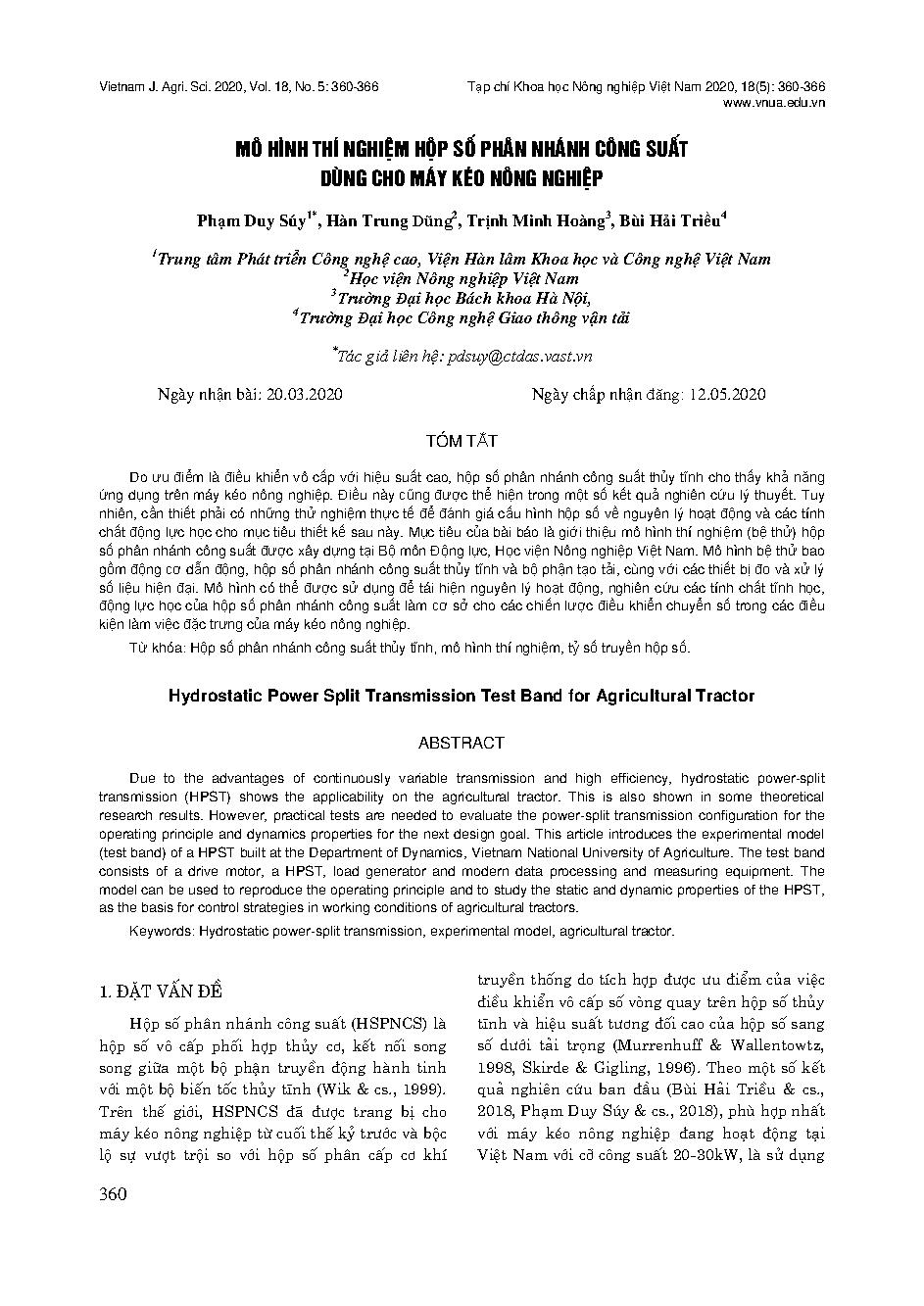 Mô hình thí nghiệm hộp số phân nhánh công suất dùng cho máy kéo nông nghiệp = Hydrostatic Power Split Transmission Test Band for Agricultural Tractor