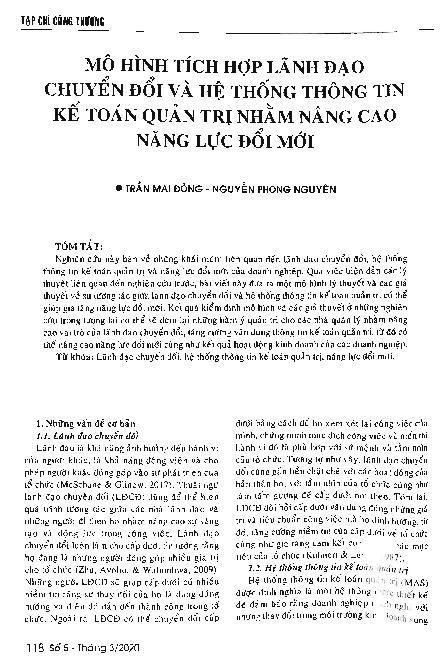Mô hình tích hợp lãnh đạo chuyển đổi và hệ thống thông tin kế toán quản trị nhằm nâng cao năng lực đổi mới = An integrated model of transformational leadership and management accounting systems toward enhancing innovation capability
