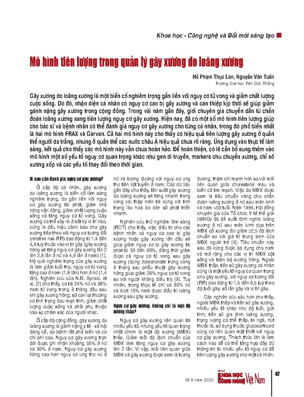 Mô hình tiên lượng trong quản lý gãy xương do loãng xương. = The use of prognostic nomogram in managing osteoporosis fracture.