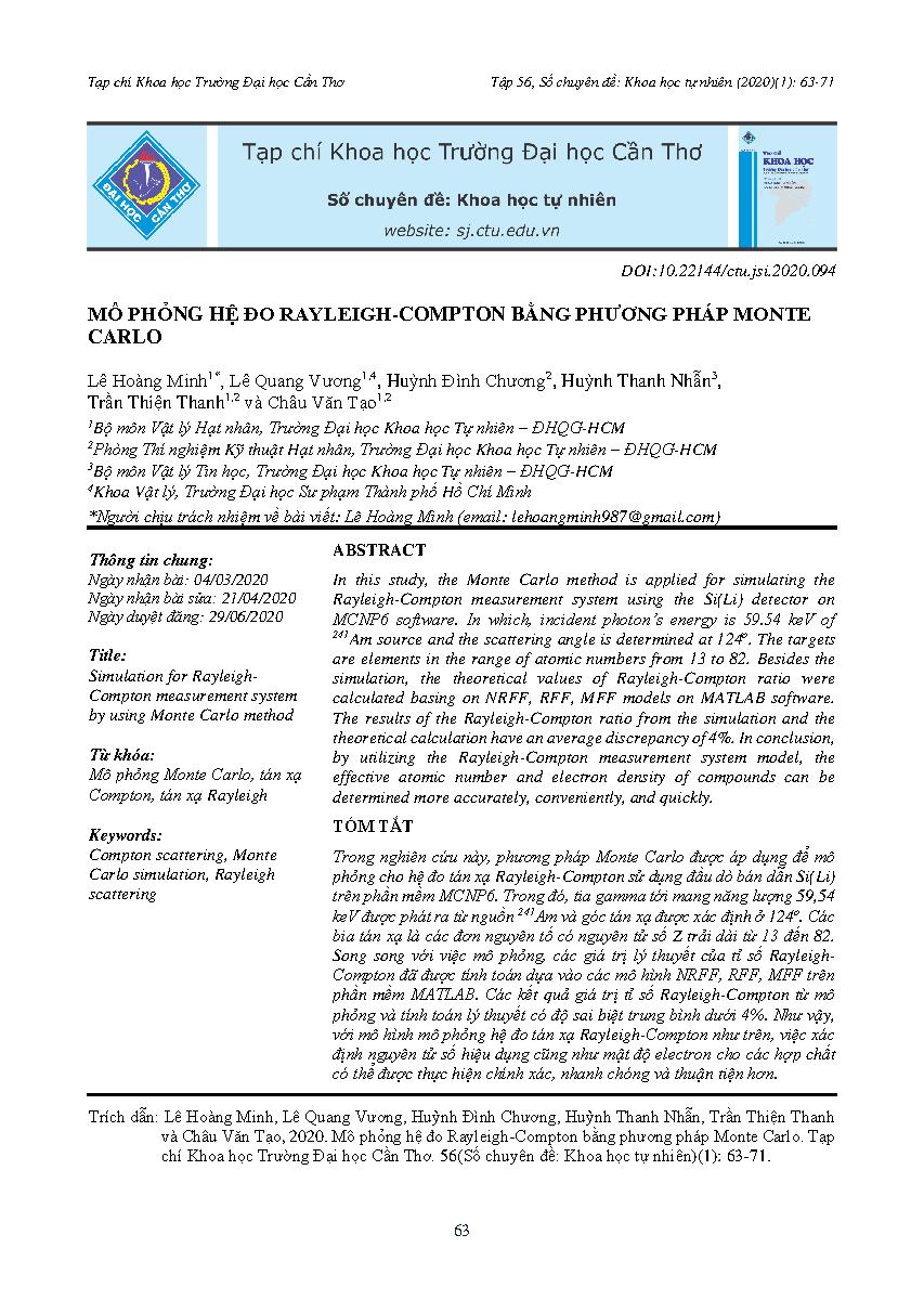 Mô phỏng hệ đo Rayleigh-Compton bằng phương pháp Monte Carlo = Simulation for RayleighCompton measurement system by using Monte Carlo method
