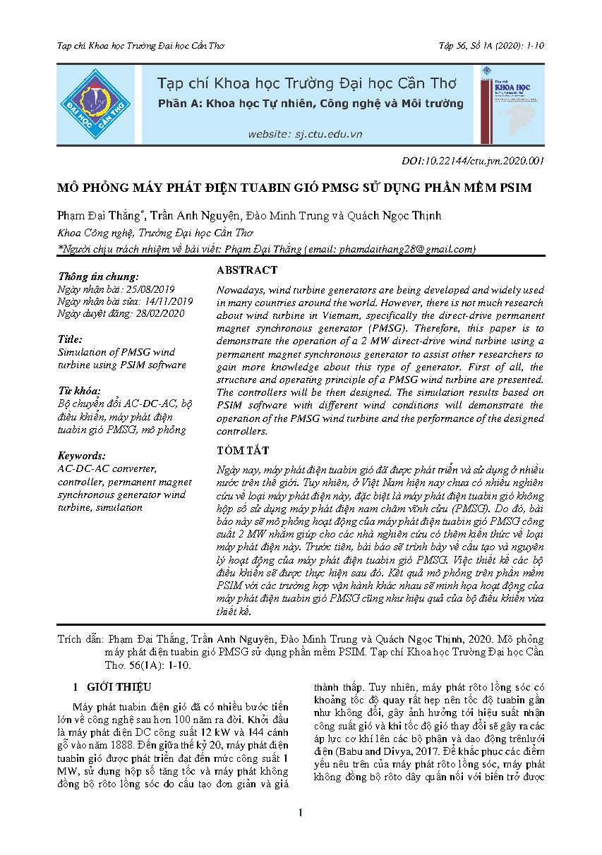 Mô phỏng máy phát điện tuabin gió PMSG sử dụng phần mềm PSIM = Simulation of PMSG wind turbine using PSIM software