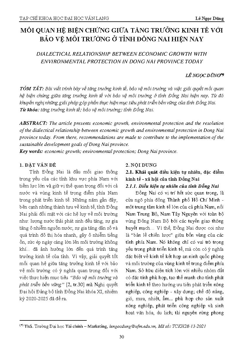 Mối quan hệ biện chứng giữa tăng trưởng kinh tế với bảo vệ môi trường ở tỉnh Đồng Nai hiện nay = Dialectical relationship between economic growth with environmental protection in Dong Nai province today