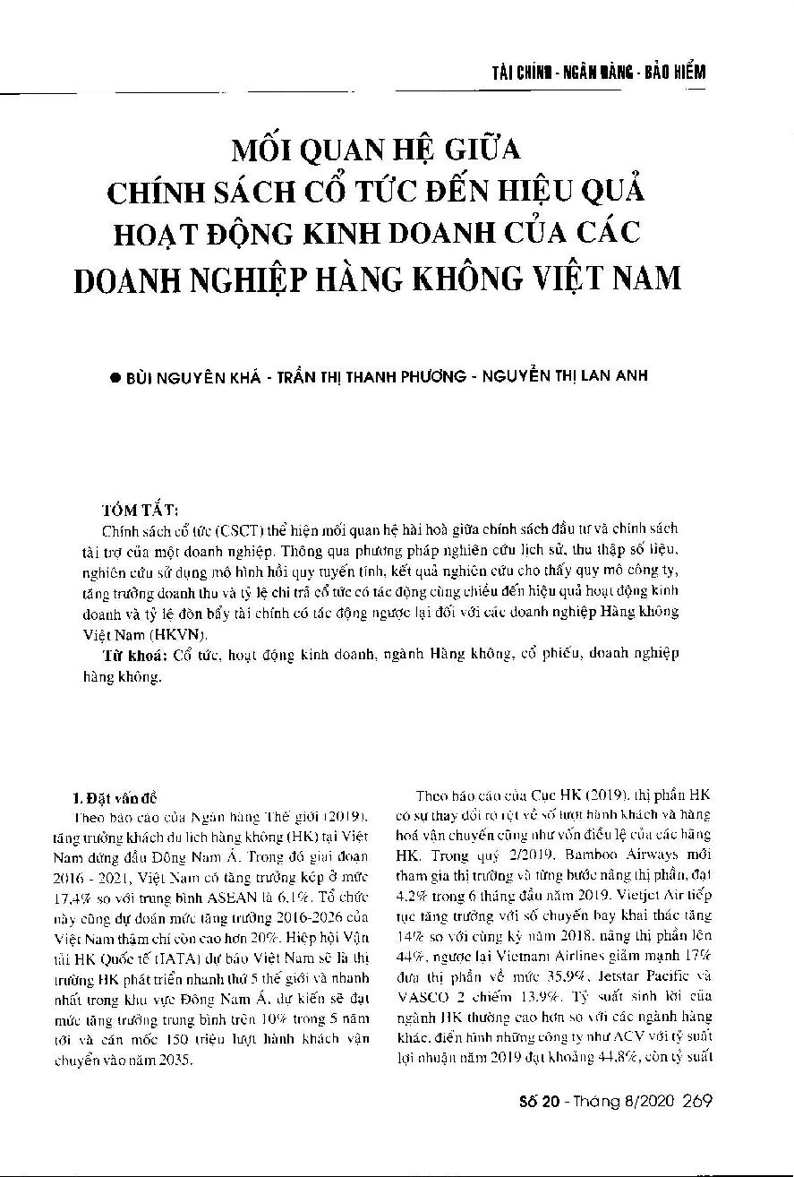 Mối quan hệ giữa chính sách cổ tức đến hiệu quả hoạt động kinh doanh của các doanh nghiệp Hàng không Việt Nam = The correlations between the dividend policy and the business performance of Vietnamese aviation companies