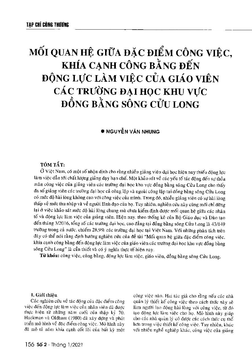 Mối quan hệ giữa đặc điểm công việc, khía cạnh công bằng đến động lực làm việc của giáo viên các trường đại học khu vực Đồng bằng sông Cửu Long = The relationship among the job characteristics, employment equity and work motivation of university lecturers in the Mekong Delta, Vietnam