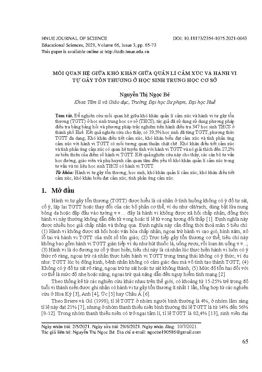 Mối quan hệ giữa khó khăn giữa quản lí cảm xúc và hành vi tự gây tổn thương ở học sinh trung học cơ sở = The Relationship between Difficulties in Emotion Regulation and Self-Injurious Behavior of Junior High School Students