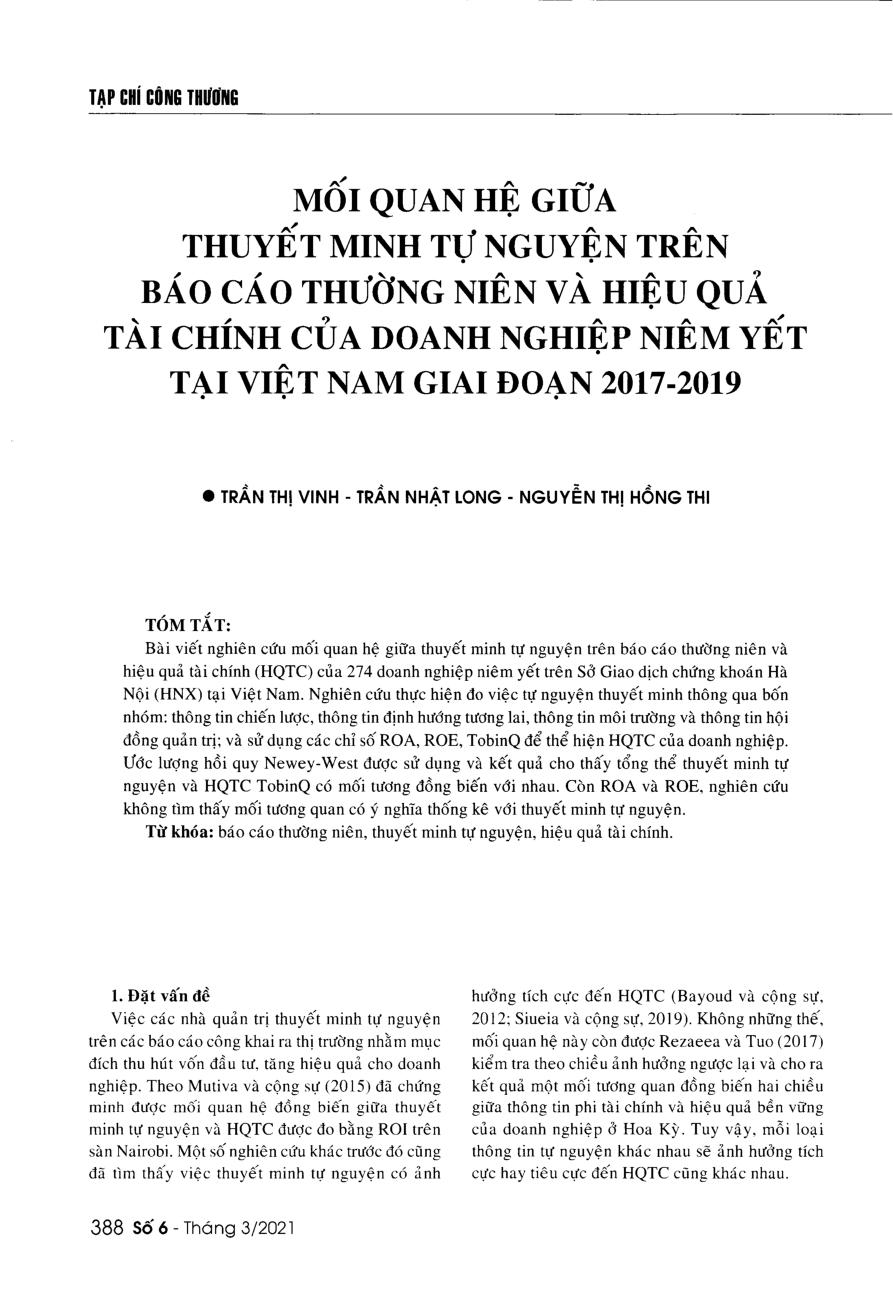 Mối quan hệ giữa thuyết minh tự nguyện trên báo cáo thường niên và hiệu quả tài chính của doanh nghiệp niêm yết tại Việt Nam giai đoạn 2017-2019 = The relationship between the voluntary annual disclosures on the financial performance of Vietnam's listed companies during the period from 2017 to 2019