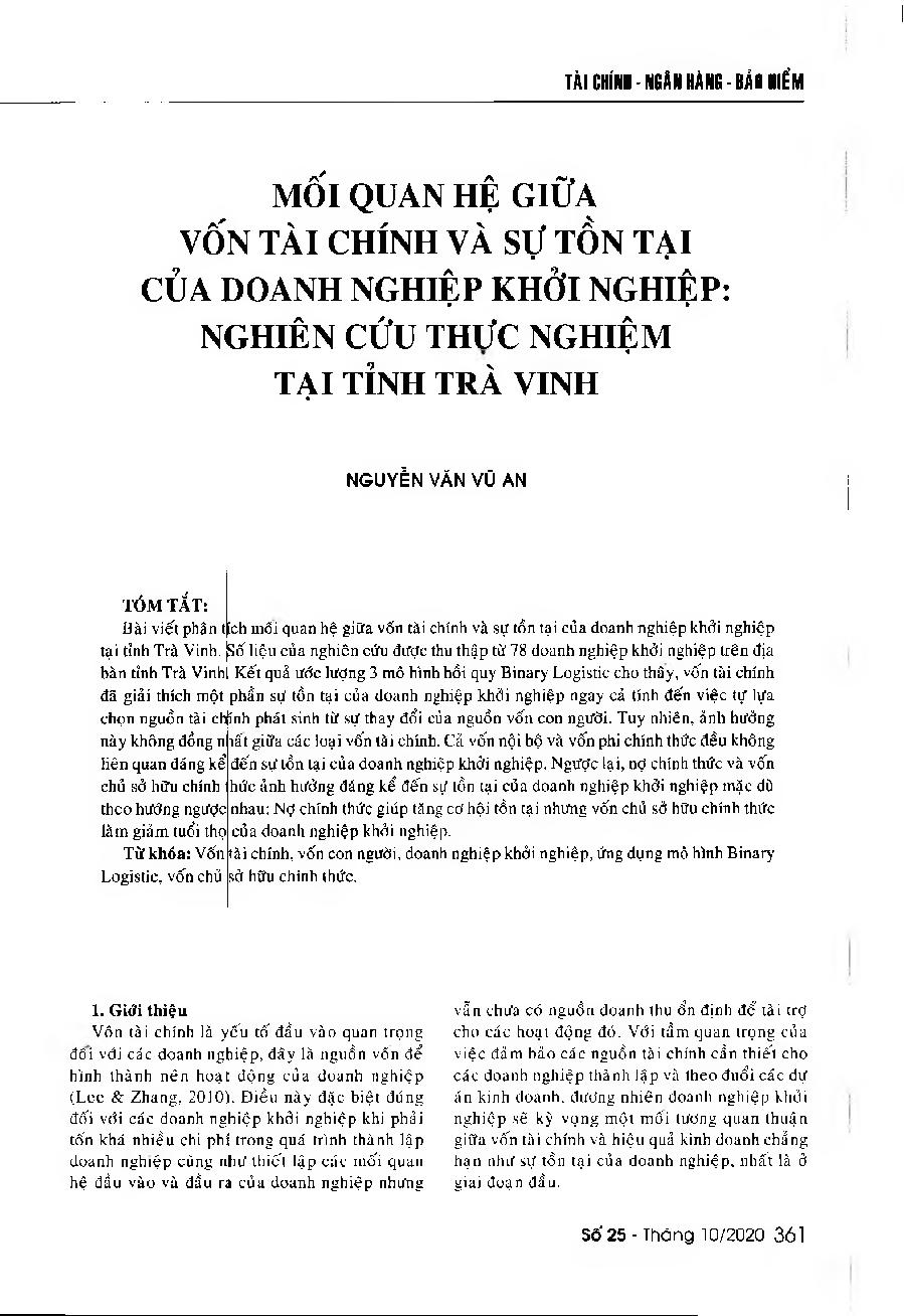 Mối quan hệ giữa vốn tài chính và sự tồn tại của doanh nghiệp khởi nghiệp: Nghiên cứu thực nghiệm tại tỉnh Trà Vinh = The relationship between financial capital and the existence of startups: An experimental study in Tra Vinh Province
