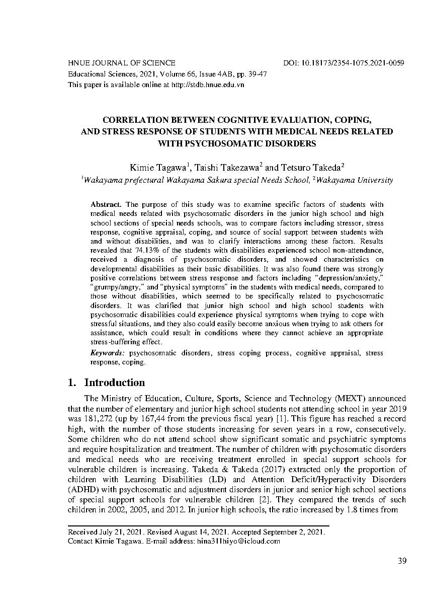 Mối tương quan giữa đánh giá nhận thức, đối phó và phản ứng căng thẳng của học sinh có nhu cầu y tế liên quan đến rối loạn tâm thần = Correlation between cognitive evaluation, coping, and stress response of students with medical needs related with psychosomatic disorders