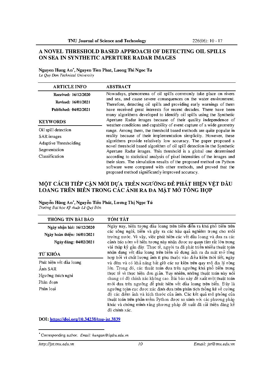 Một cách tiếp cận mới dựa trên ngưỡng để phát hiện vệt dầu loang trên biển trong các ảnh ra đa mặt mở tổng hợp = A novel threshold based approach of detecting oil spills on sea in synthetic aperture radar images