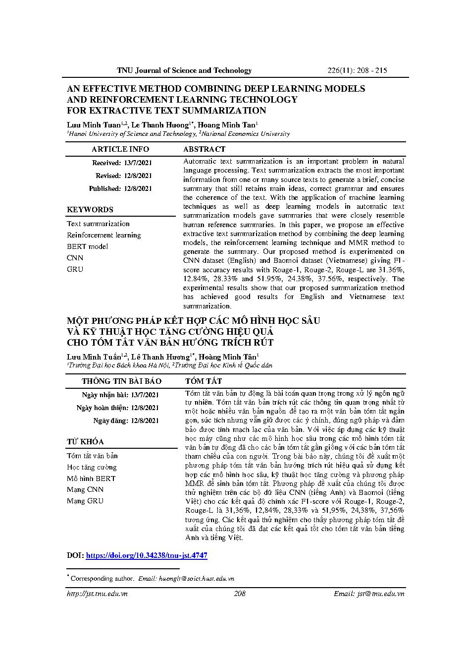 Một phương pháp kết hợp các mô hình học sâu và kỹ thuật học tăng cường hiệu quả cho tóm tắt văn bản hướng trích rút = An effective method combining deep learning models and reinforcement learning technology for extractive text summarization